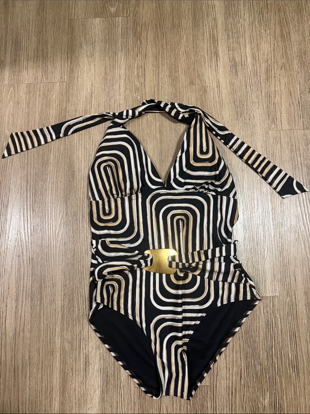 Donna Karan Black & Cream Geometric Halter One-Piece Swimsuit XXL